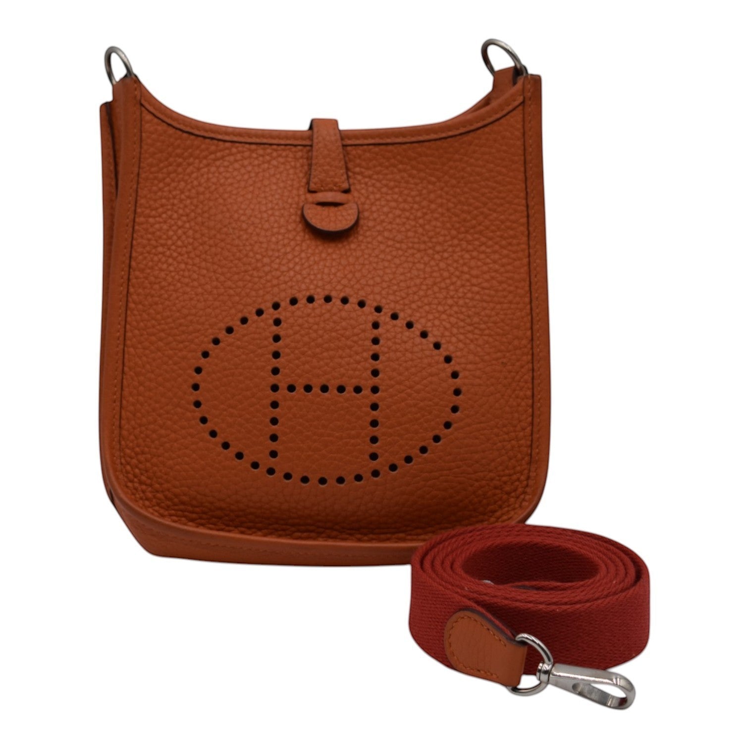 Soldi Hermes Mini Evelyn orange pebbled leather crossbody bag with red strap and silver hardware.