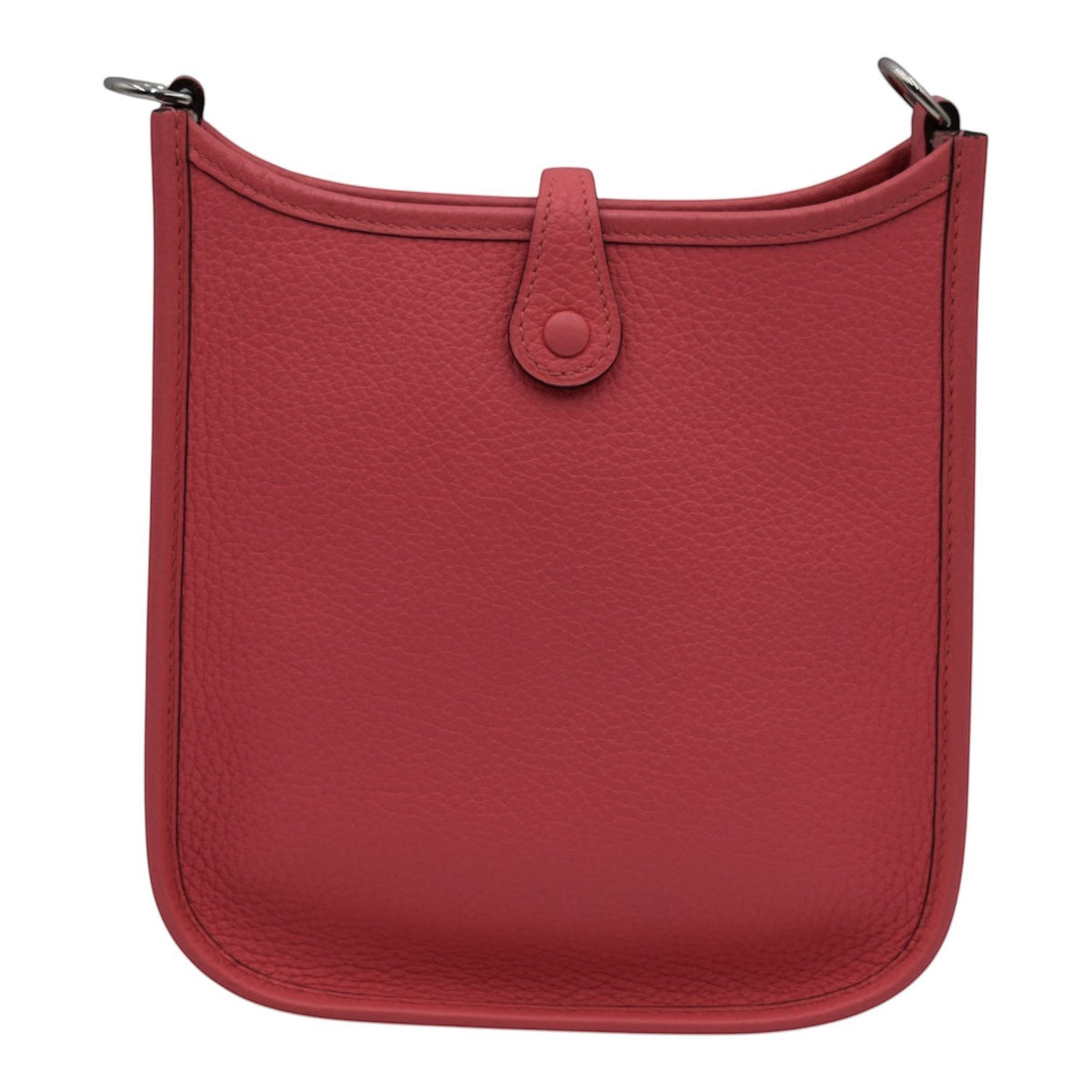 Soldi Hermes Mini Evelyn bag in pink textured leather with a red strap and button closure.