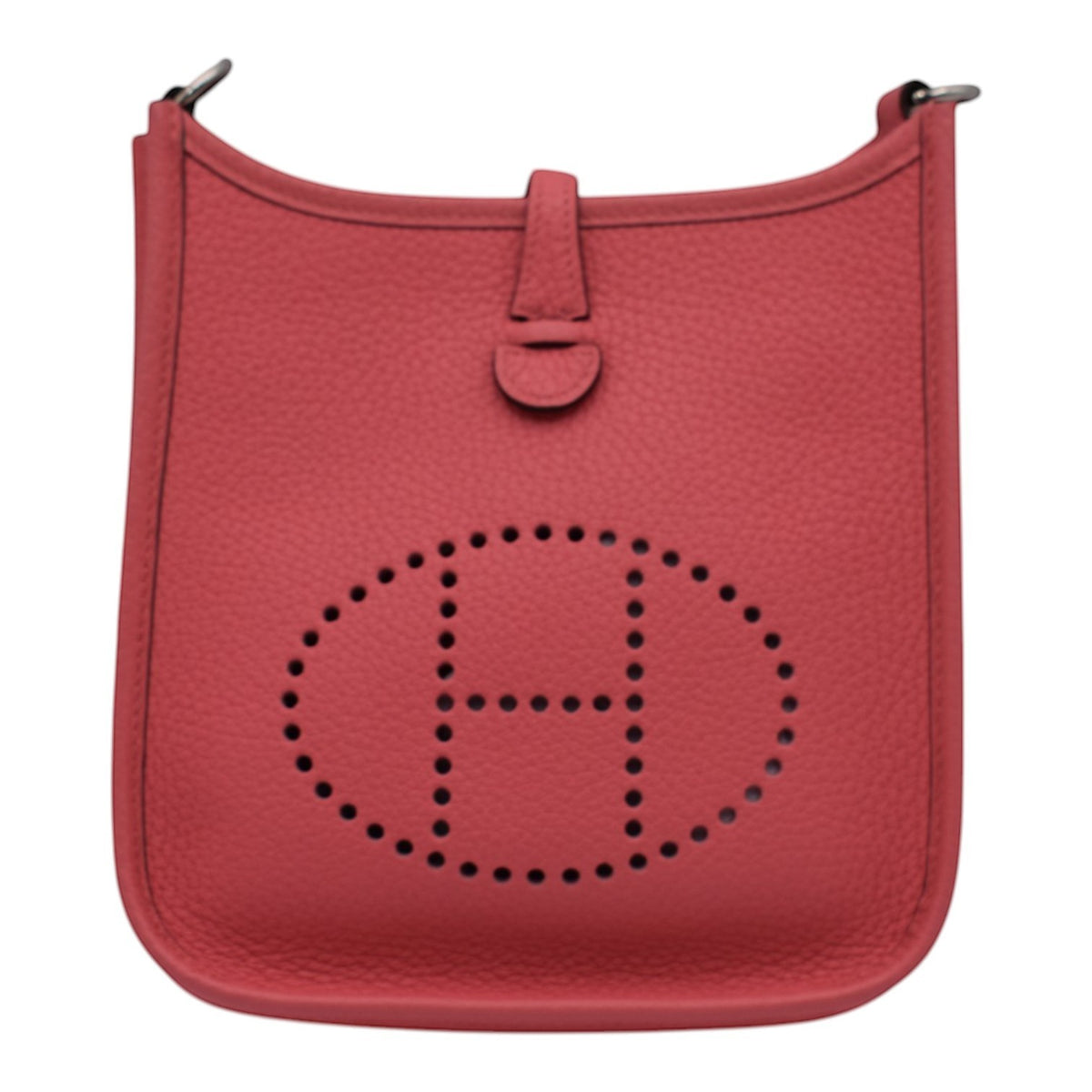 Soldi Hermes Mini Evelyn bag in pink textured leather with red strap and perforated H logo detail.
