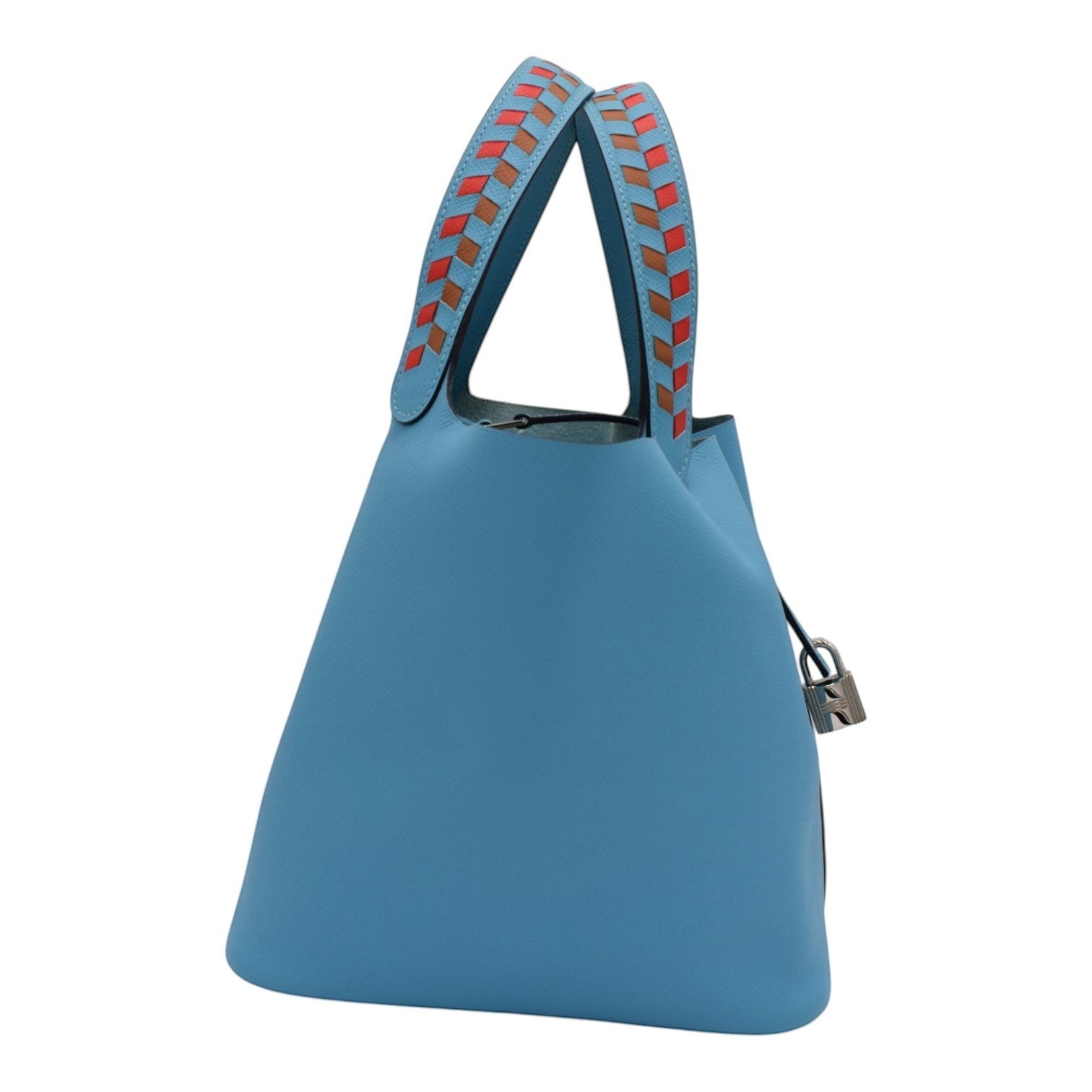 Soldi blue leather Hermes Picotin 18 bag with braided handles in red and brown geometric pattern. Includes silver lock.