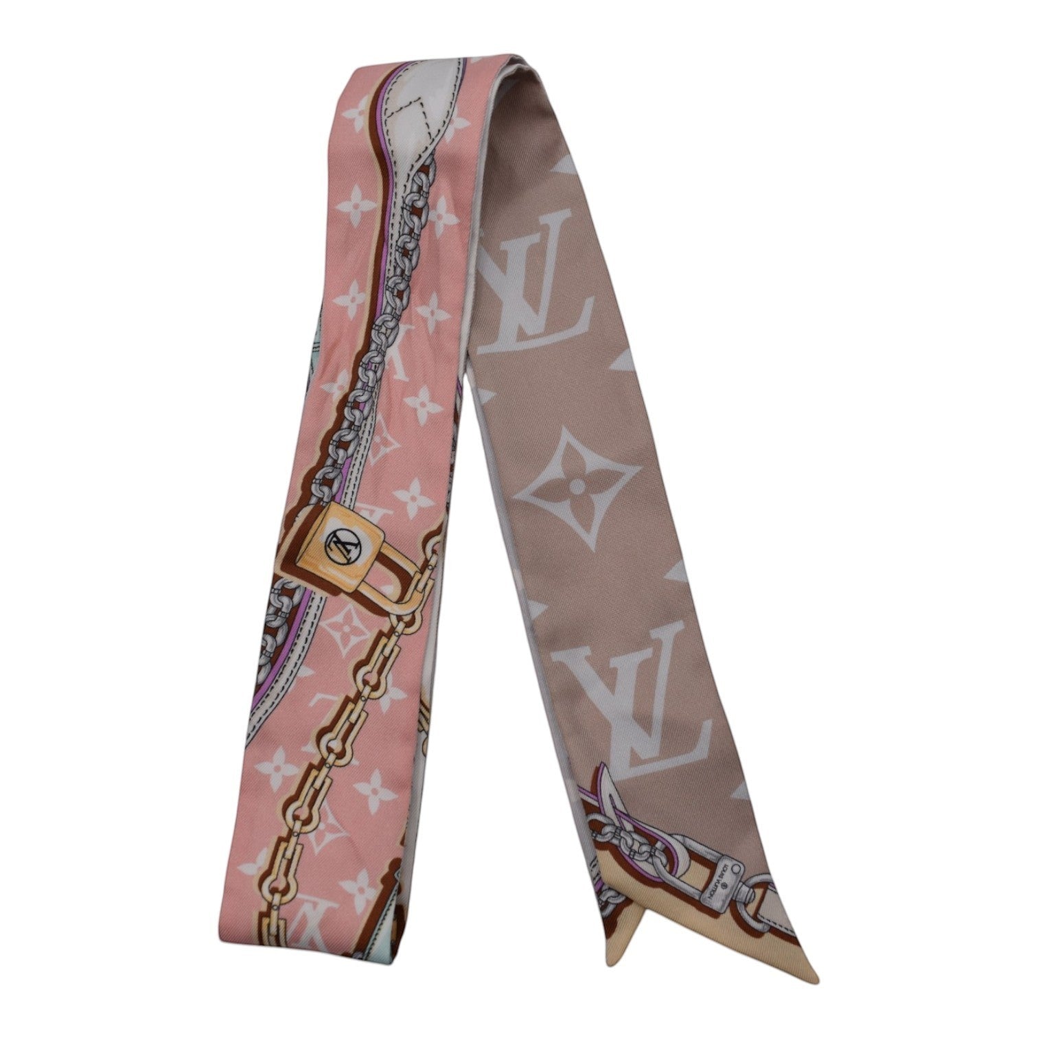 Soldi light pink twilly scarf with chain and lock print on one side and monogram on the other.