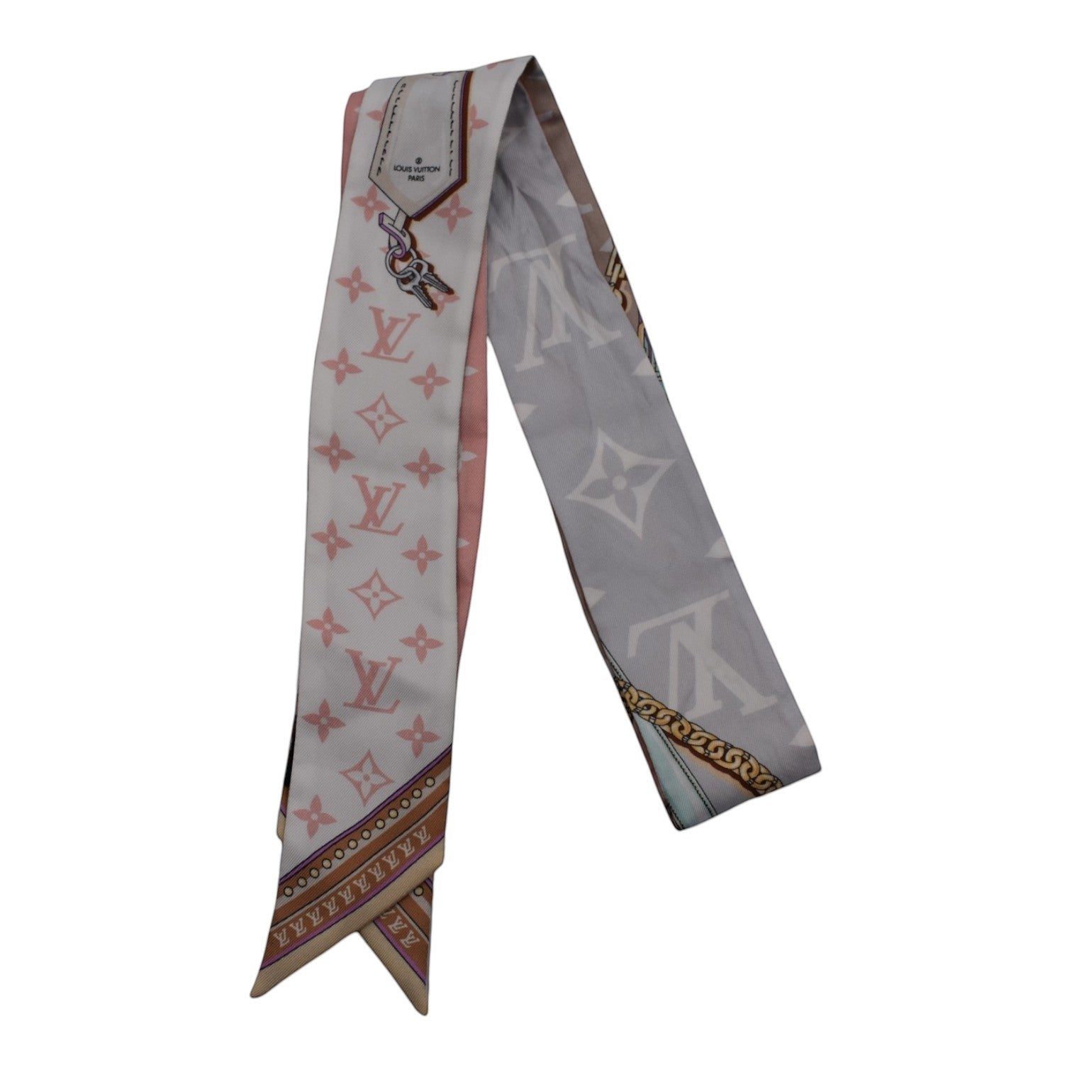 Soldi light pink twilly scarf with Louis Vuitton monogram print and chain detail.