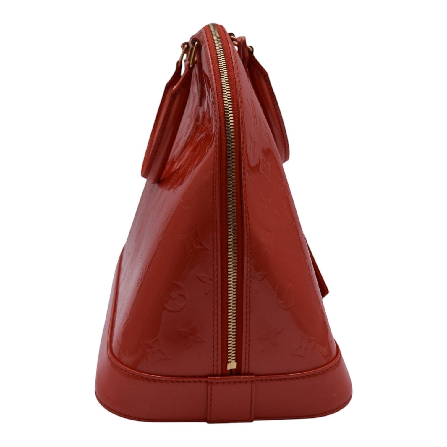 Soldi Louis Vuitton Alma GM Vernis red patent leather handbag with gold hardware and embossed monogram pattern.