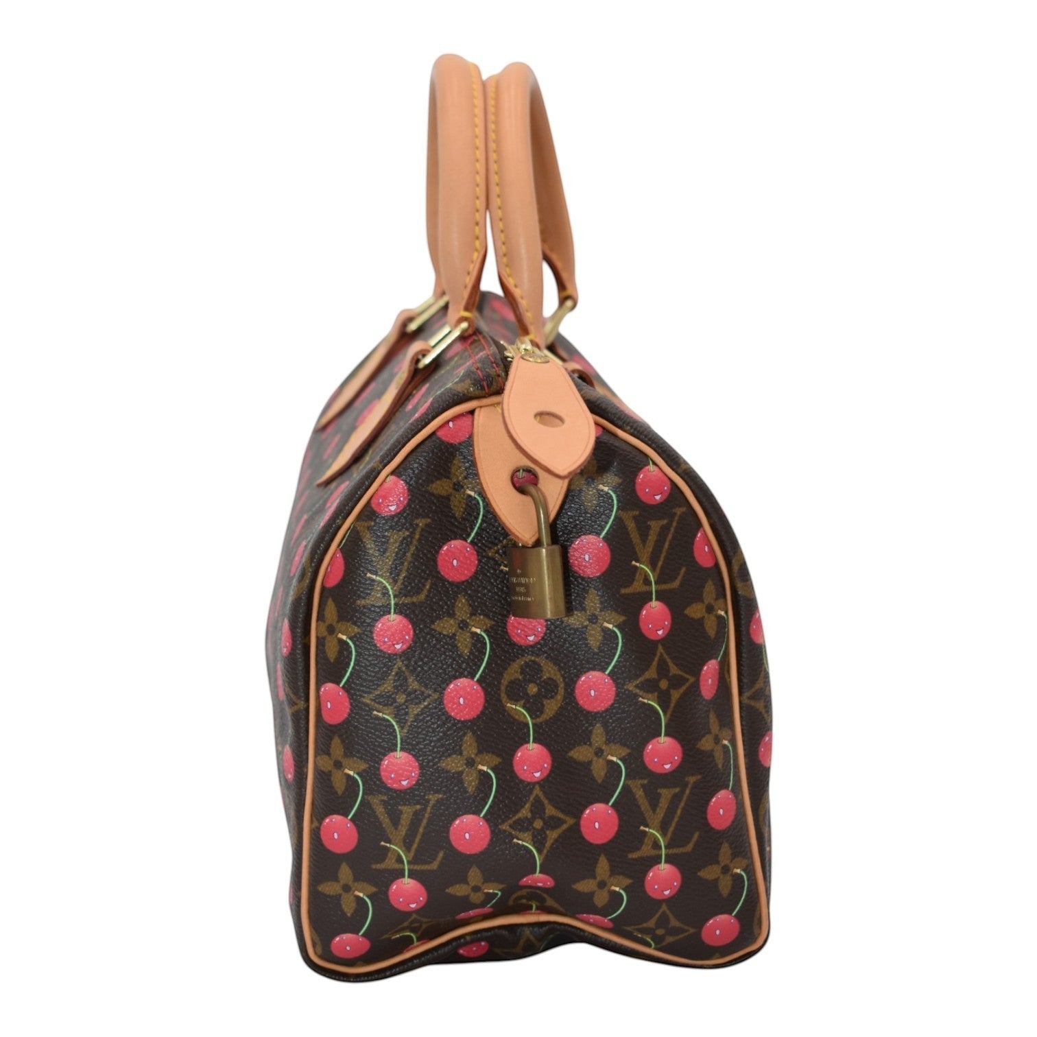 Soldi Louis Vuitton Cherry Speedy monogram canvas handbag with tan leather trim and handles, featuring a cherry print.
