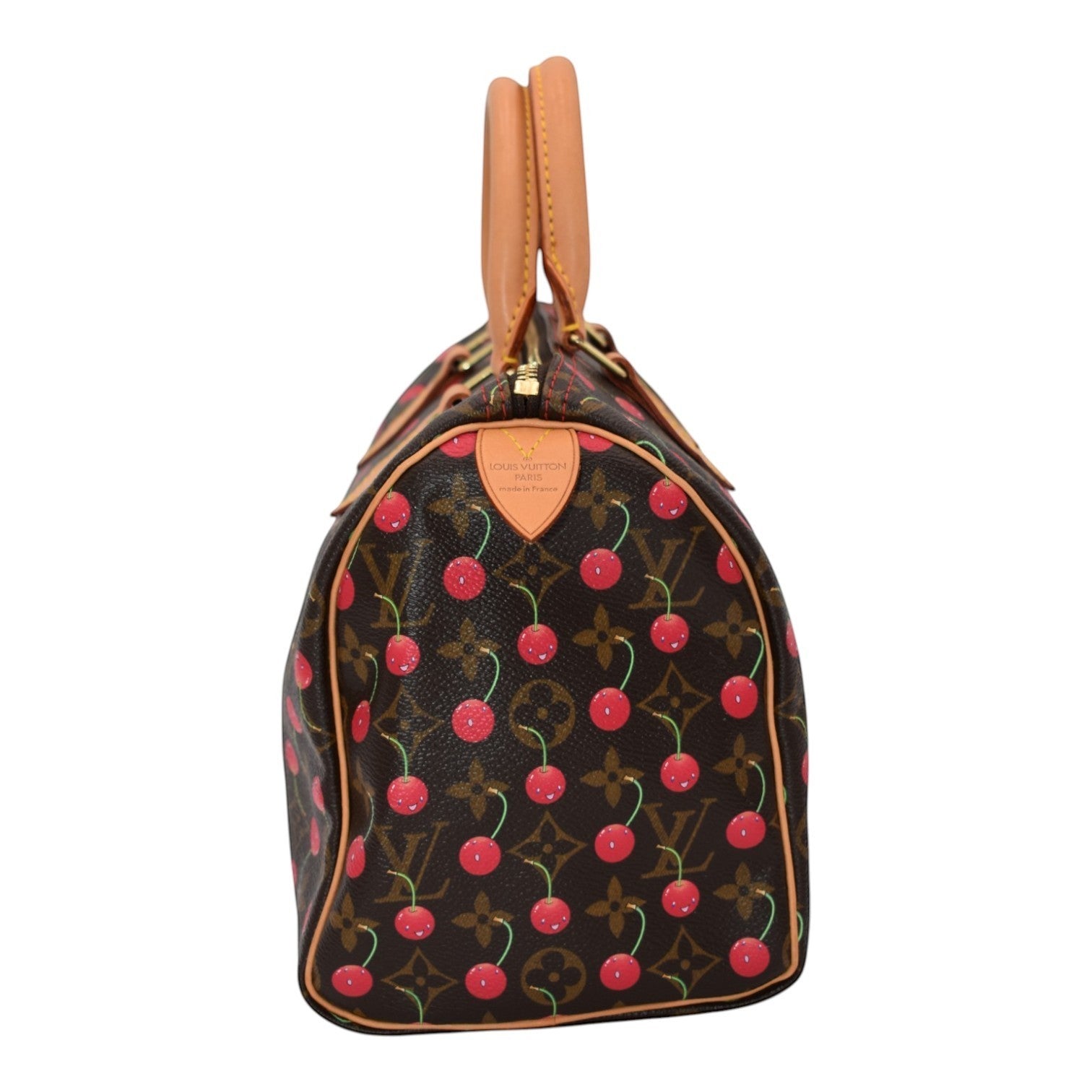 Soldi Louis Vuitton Cherry Speedy monogram canvas handbag with tan leather trim and handles.