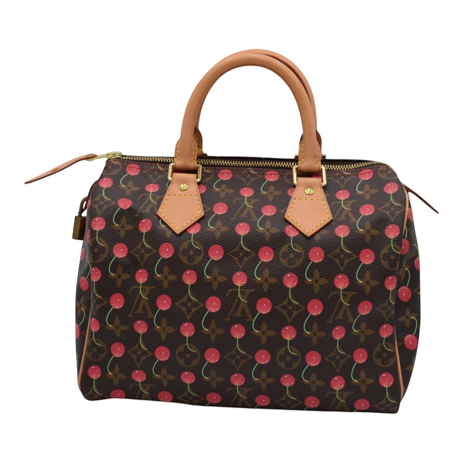 Soldi Louis Vuitton Cherry Speedy monogram canvas handbag with tan leather trim and handles.