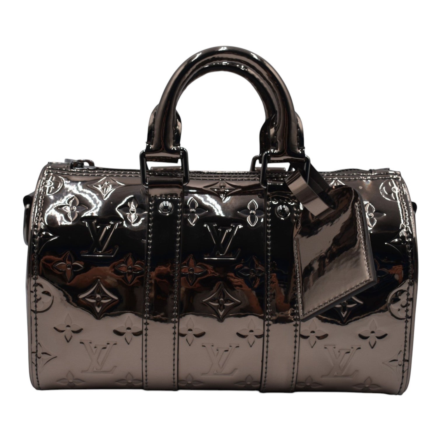 Soldi Louis Vuitton Metallic Silver Speedy handbag with embossed monogram pattern and top handles.