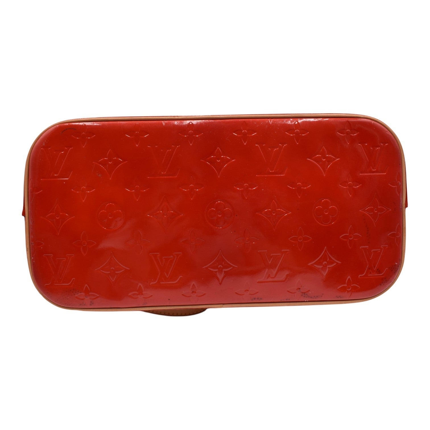 Soldi Louis Vuitton Red Vernis Houston Tote Bag with embossed monogram pattern and tan leather trim.