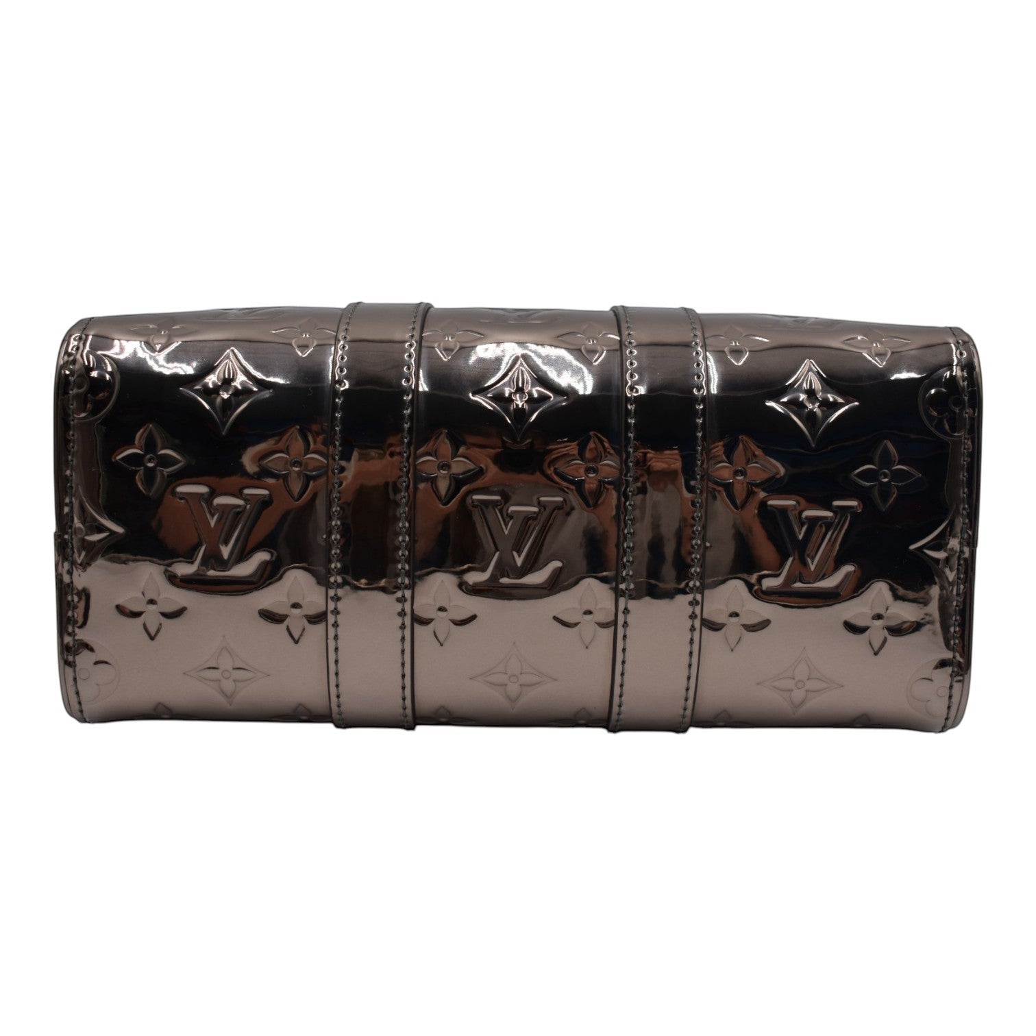 Soldi Louis Vuitton Metallic Silver Speedy bag with embossed monogram pattern and vertical stitching detail.