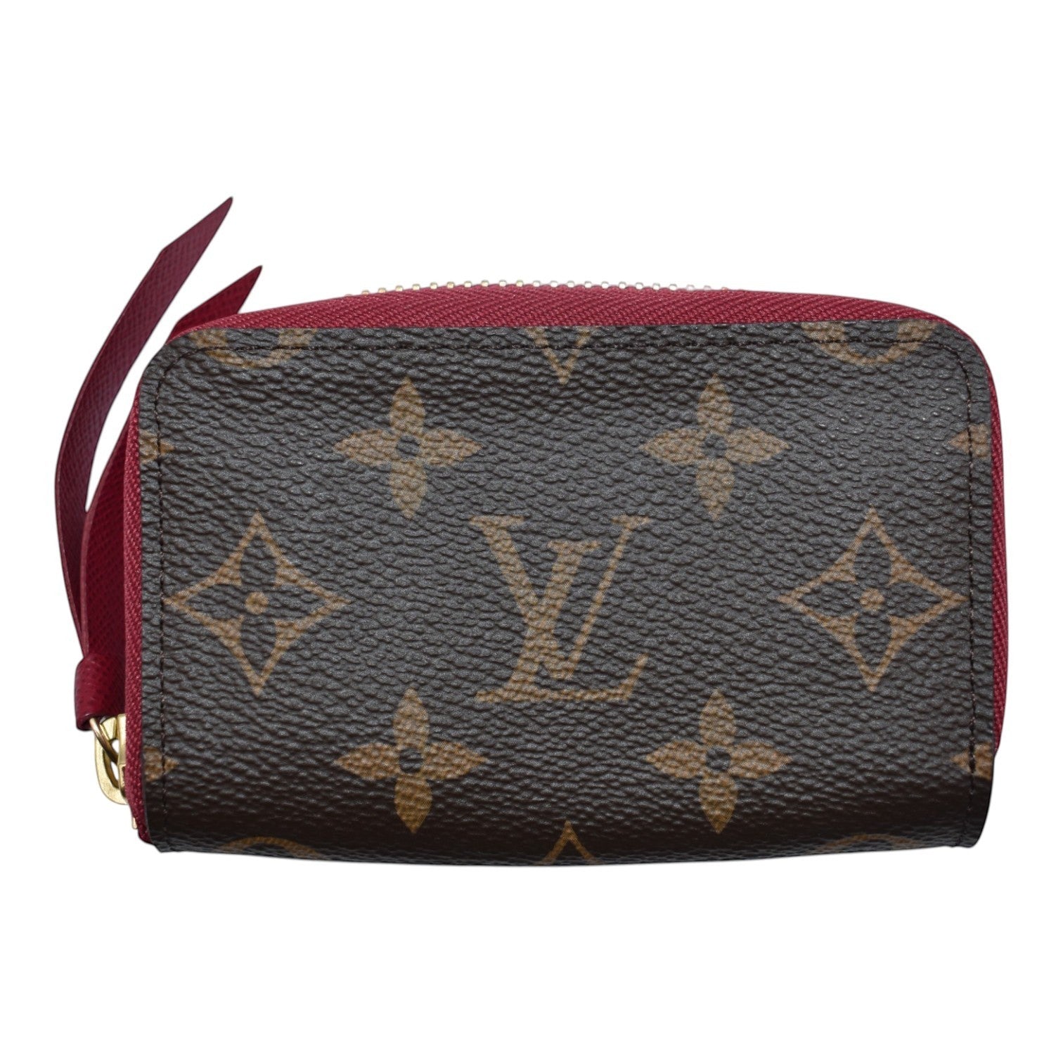 Soldi Monogram Fuchsia Multicartes small zippered pouch with red trim and wristlet