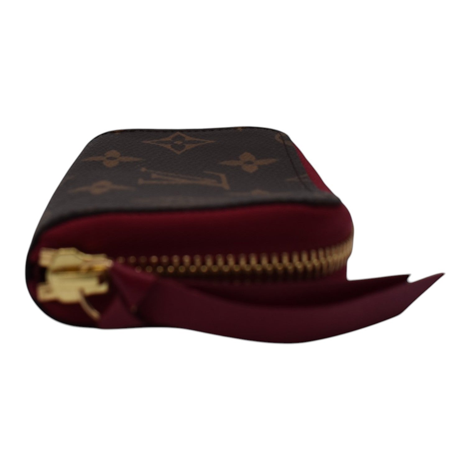 Soldi Monogram Fuchsia Multicartes wallet with gold zipper detail.