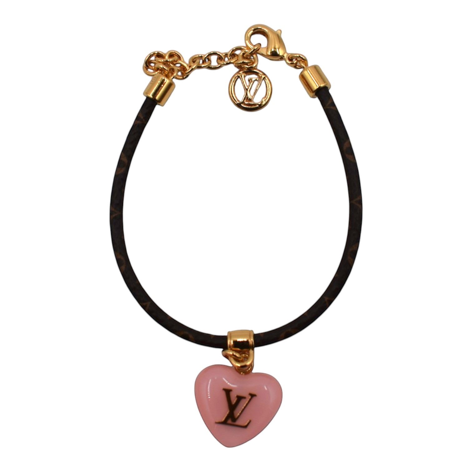Soldi Monogram Sweetheart Bracelet with pink heart charm and gold hardware.