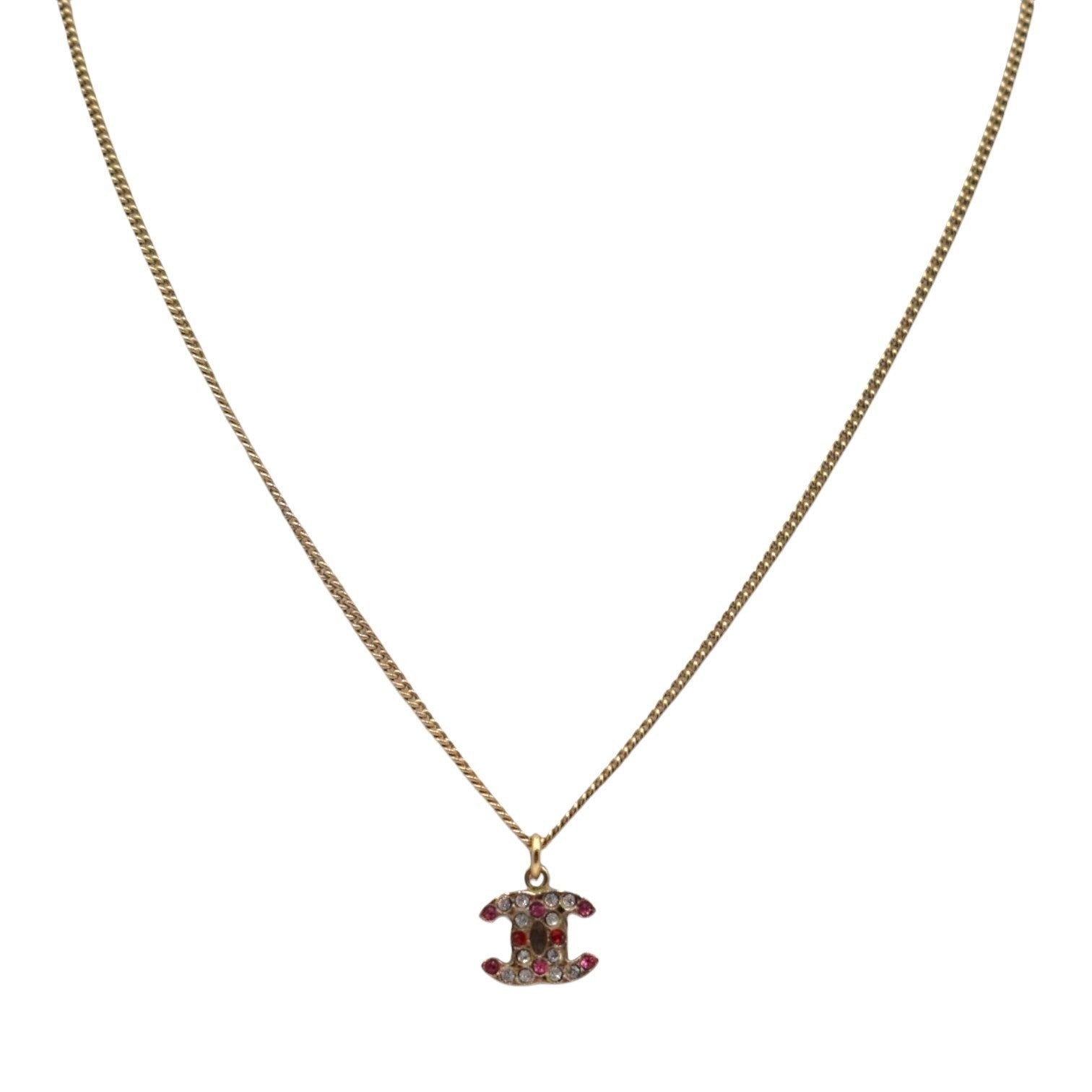Soldi multicolor pendant necklace with interlocking CC logo encrusted with pink and clear crystals.