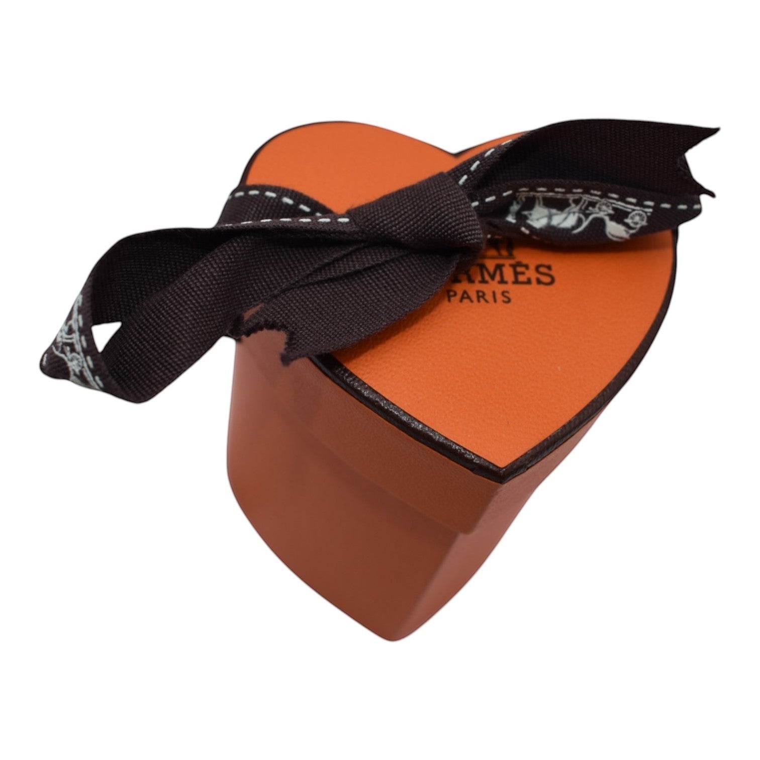 Soldi navy heart twilly box with dark brown ribbon and white stitching, featuring the Hermes Paris logo.
