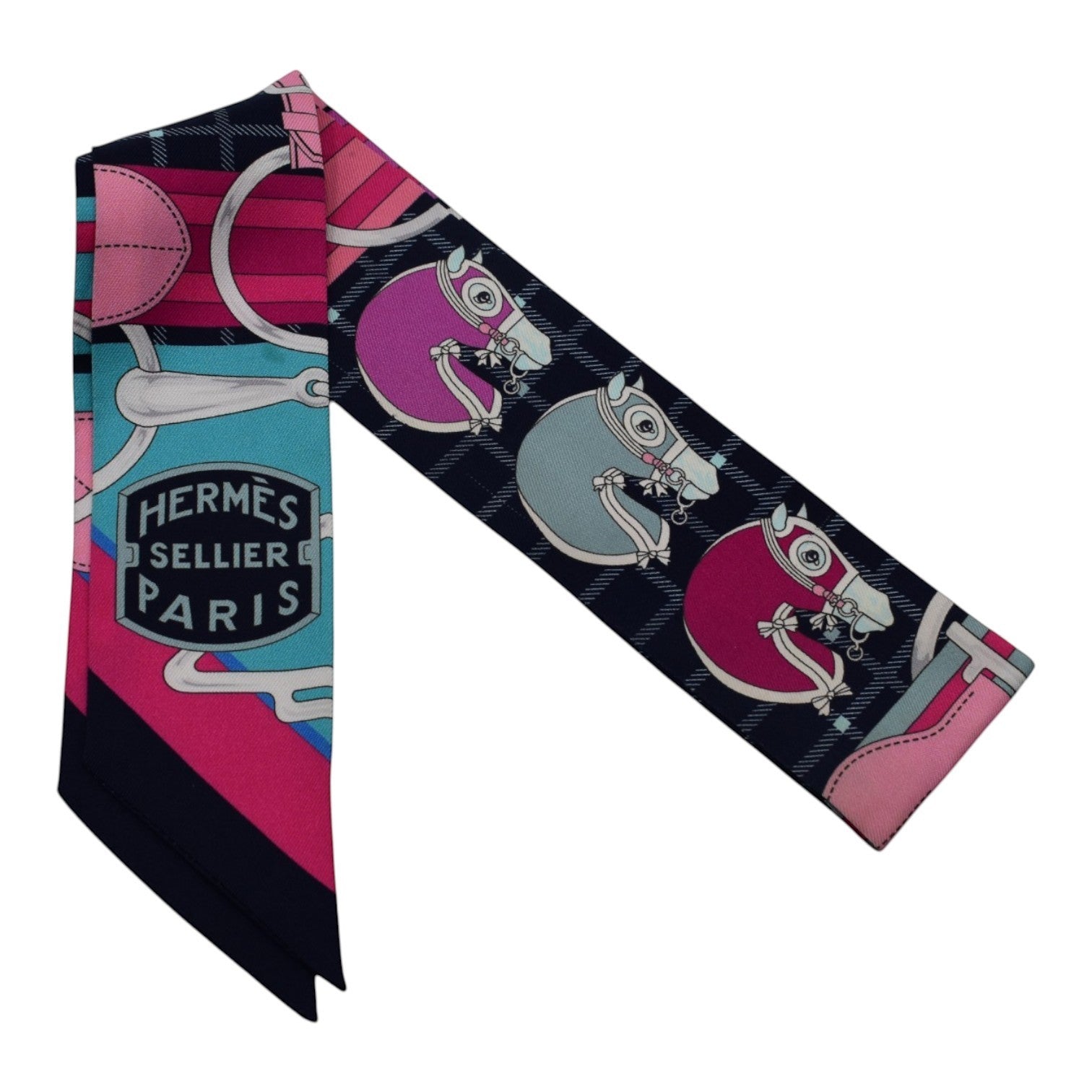 Soldi navy purple pink twilly scarf with horse and equestrian motifs and Hermes Sellier Paris logo.