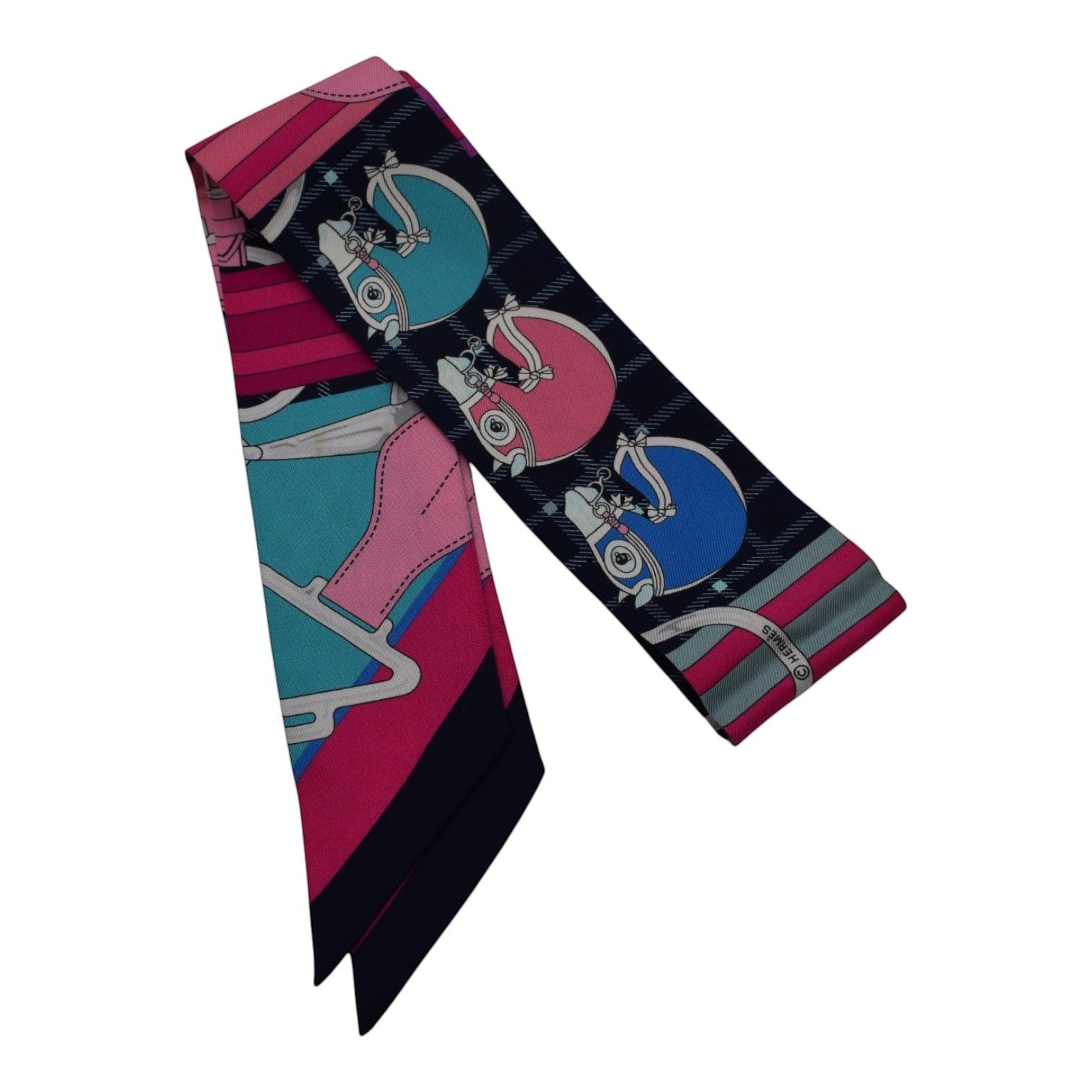 Soldi navy purple pink twilly scarf with equestrian print and plaid pattern