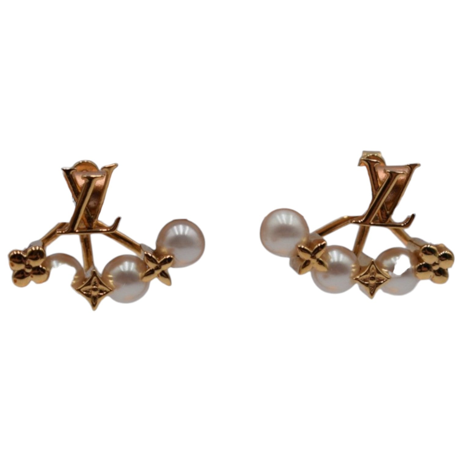 Soldi gold tone cuff earrings with pearl drops and LV monogram accents.
