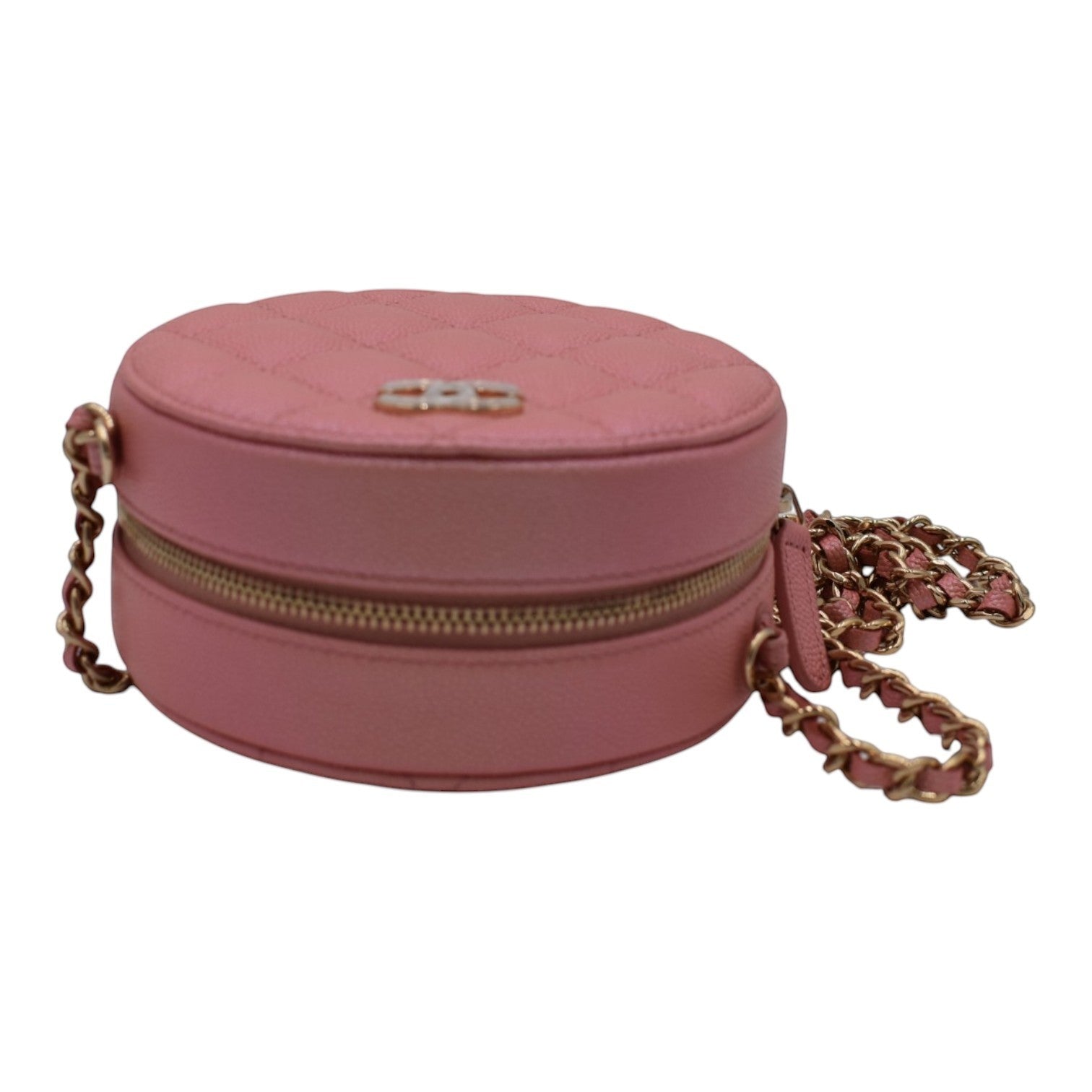 Soldi pink caviar leather Chanel CC Circle Mini Vanity Bag with gold chain strap and zipper closure.
