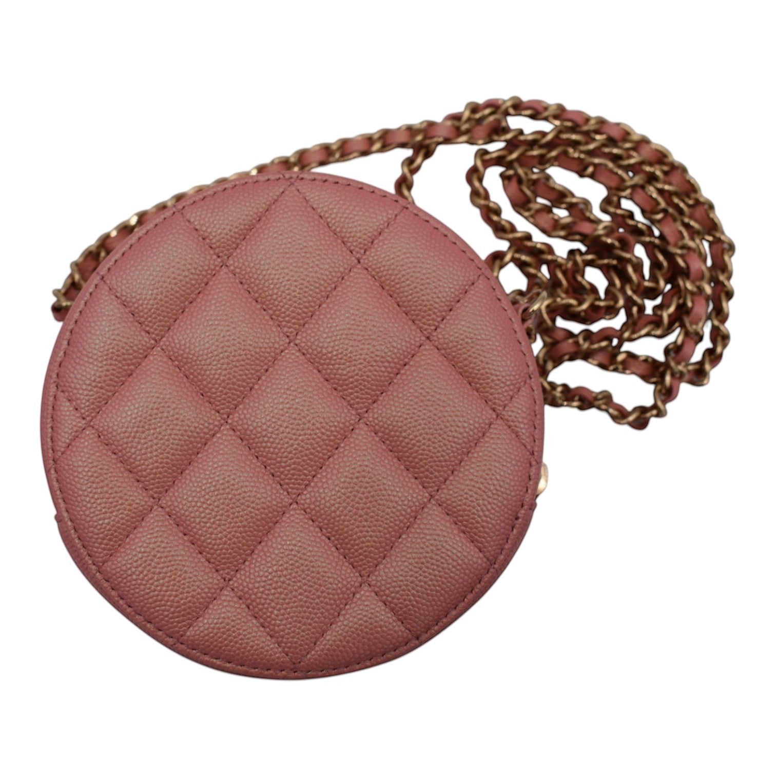 Soldi pink caviar leather quilted circle mini vanity bag with pearl CC logo and gold chain strap
