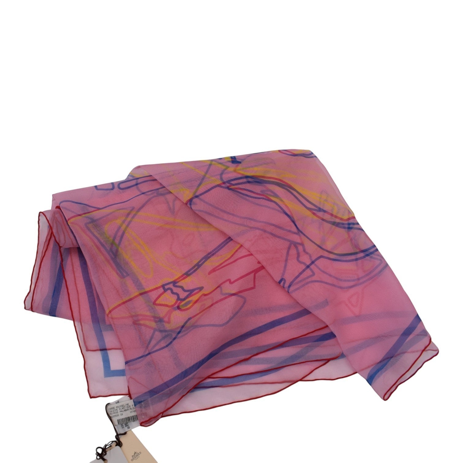Soldi pink chiffon scarf with abstract colorful lines and a red border. Lightweight and sheer material.