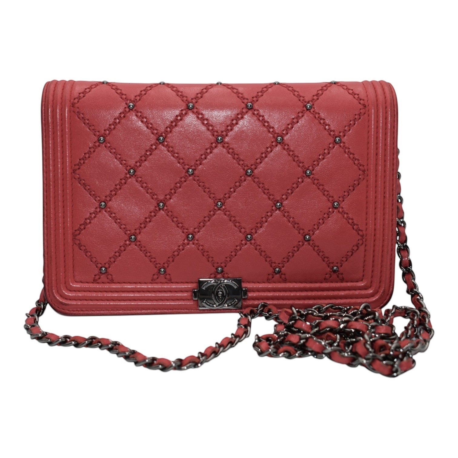 Soldi pink quilted leather wallet on chain with silver grommets and chain strap