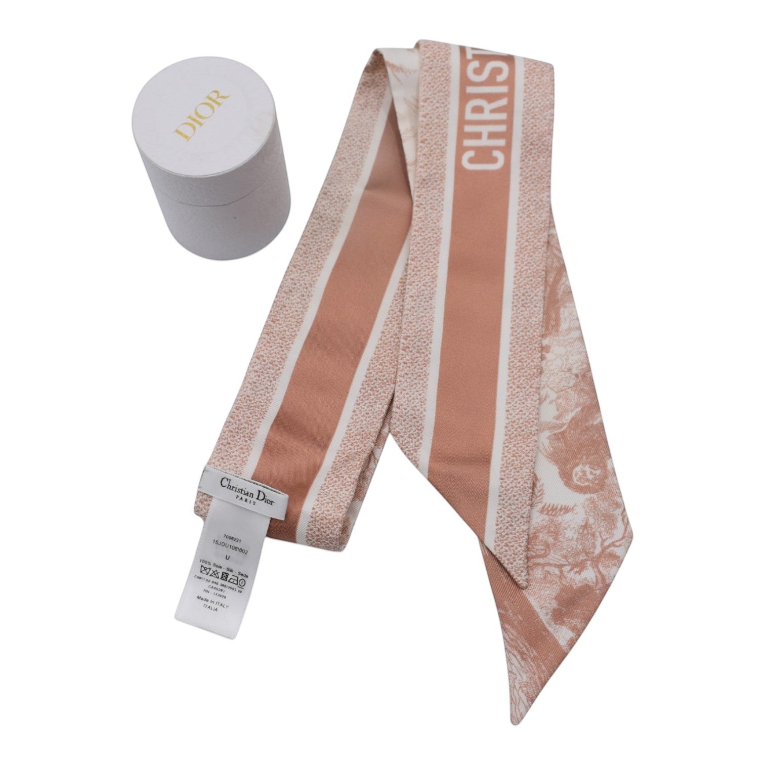Soldi pink and white striped silk twilly scarf with graphic print and Christian Dior Paris branding.