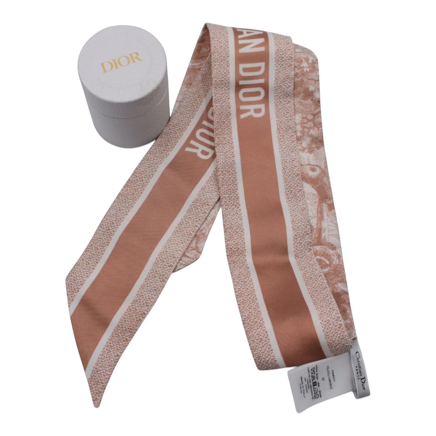 Soldi pink silk twilly scarf with white stripes and a toile de jouy pattern, includes Dior box.