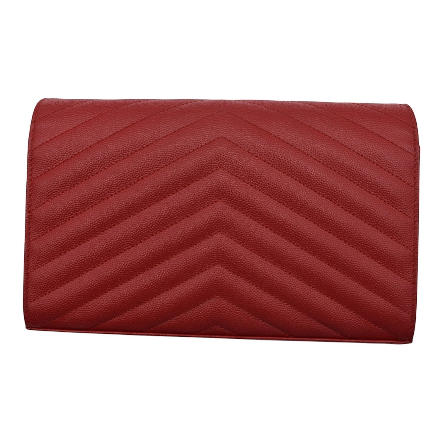 Soldi Red leather Cassandre Chevron Wallet on Chain with chevron quilting and flap closure.
