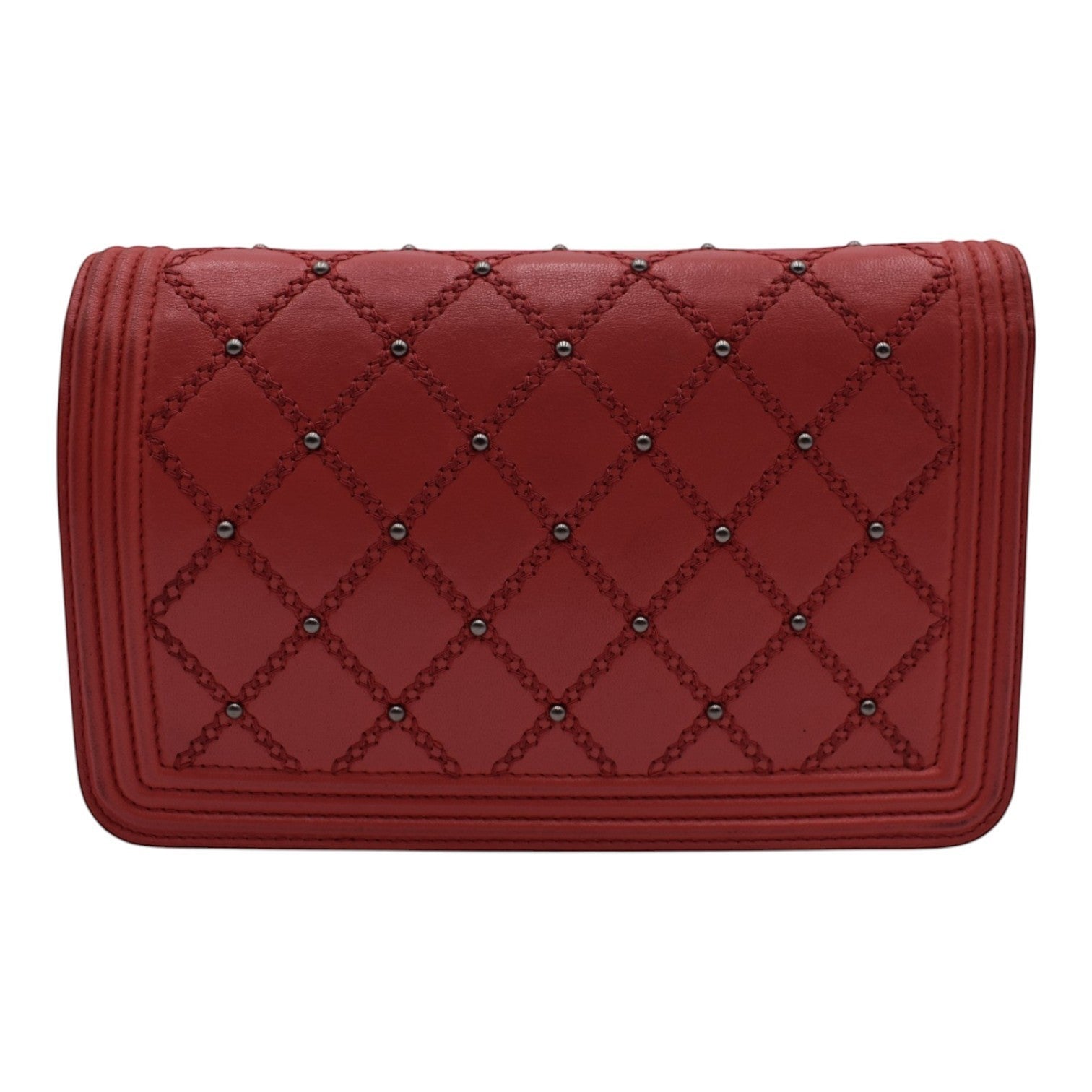 Soldi red leather quilted wallet on chain with silver grommets and chain detail