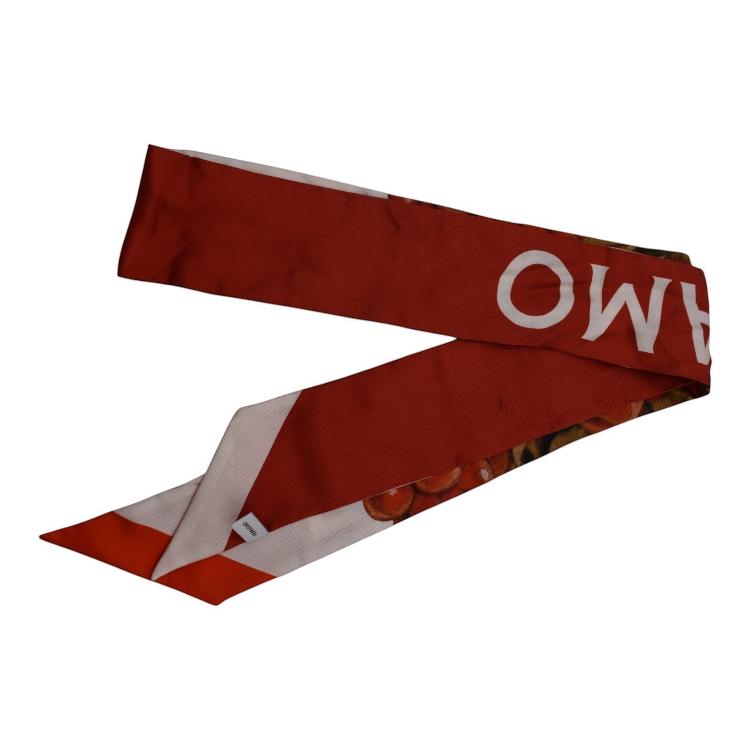 Soldi red twilly scarf with white lettering and fruit print. Silk material.
