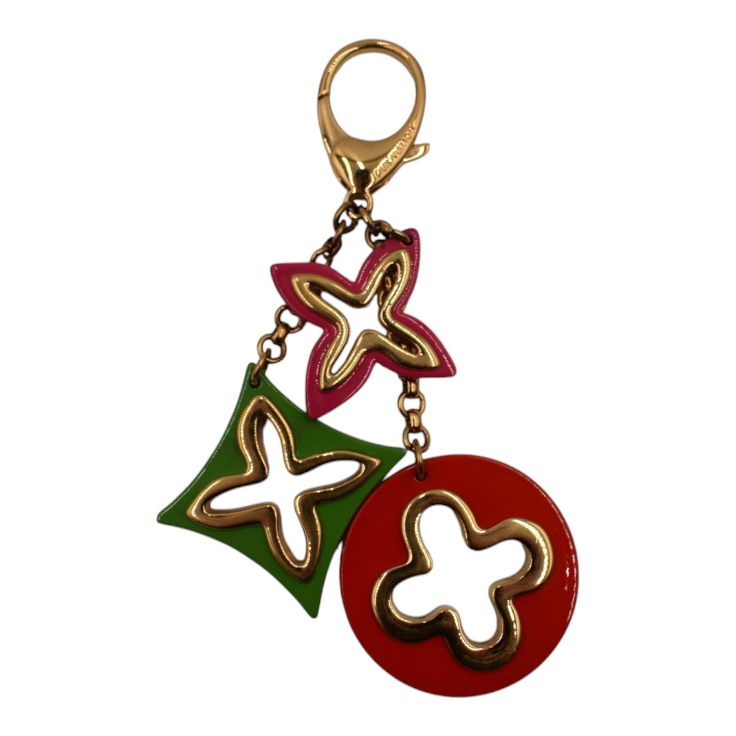 Soldi Vivienne bag charm with red, green, and pink flower shapes and gold accents.