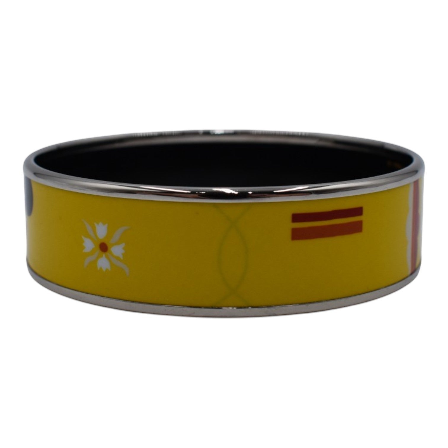 Soldi yellow bangle with white floral design and red stripes. Enamel and metal.