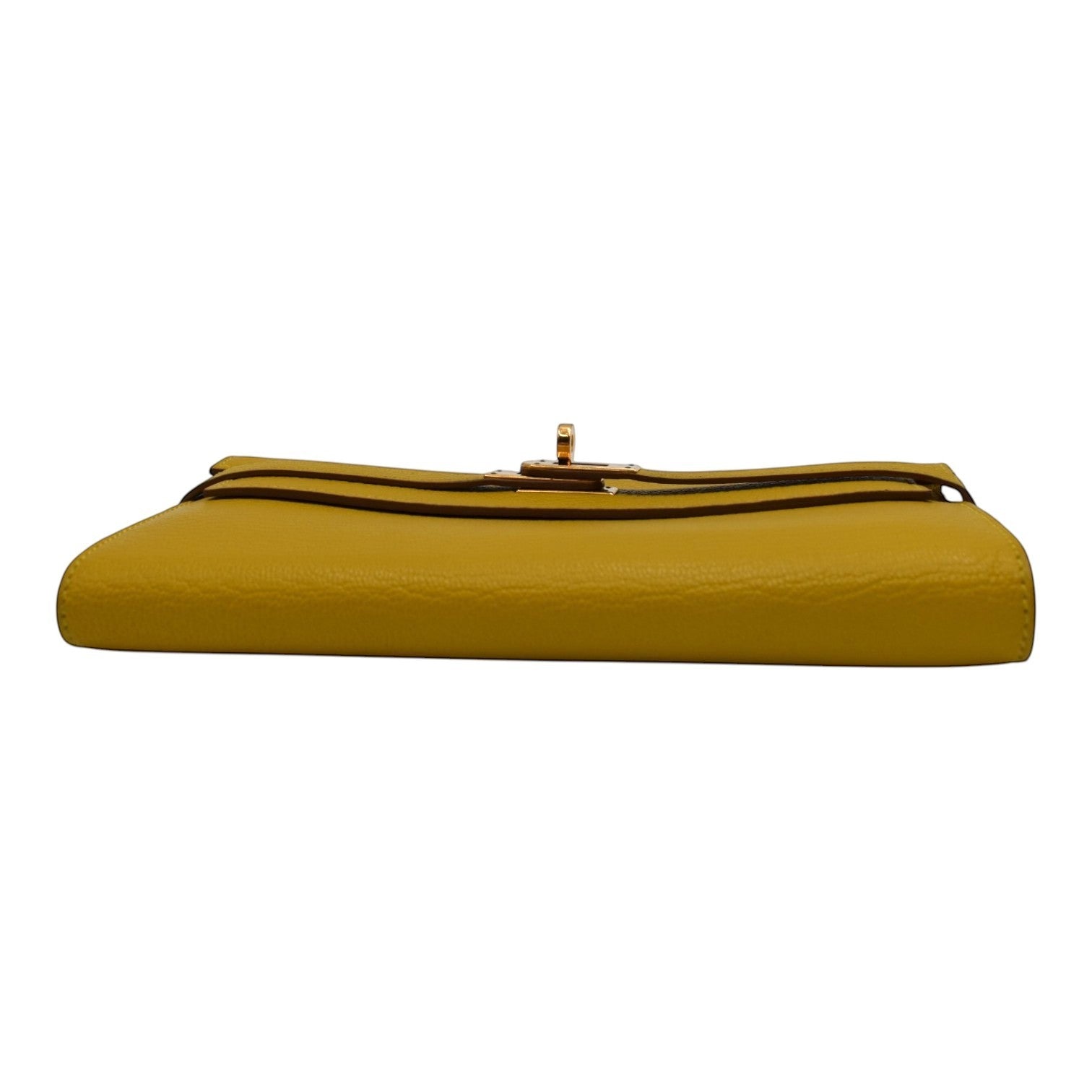 Soldi yellow leather Kelly pochette wallet with gold hardware and a turn-lock closure.