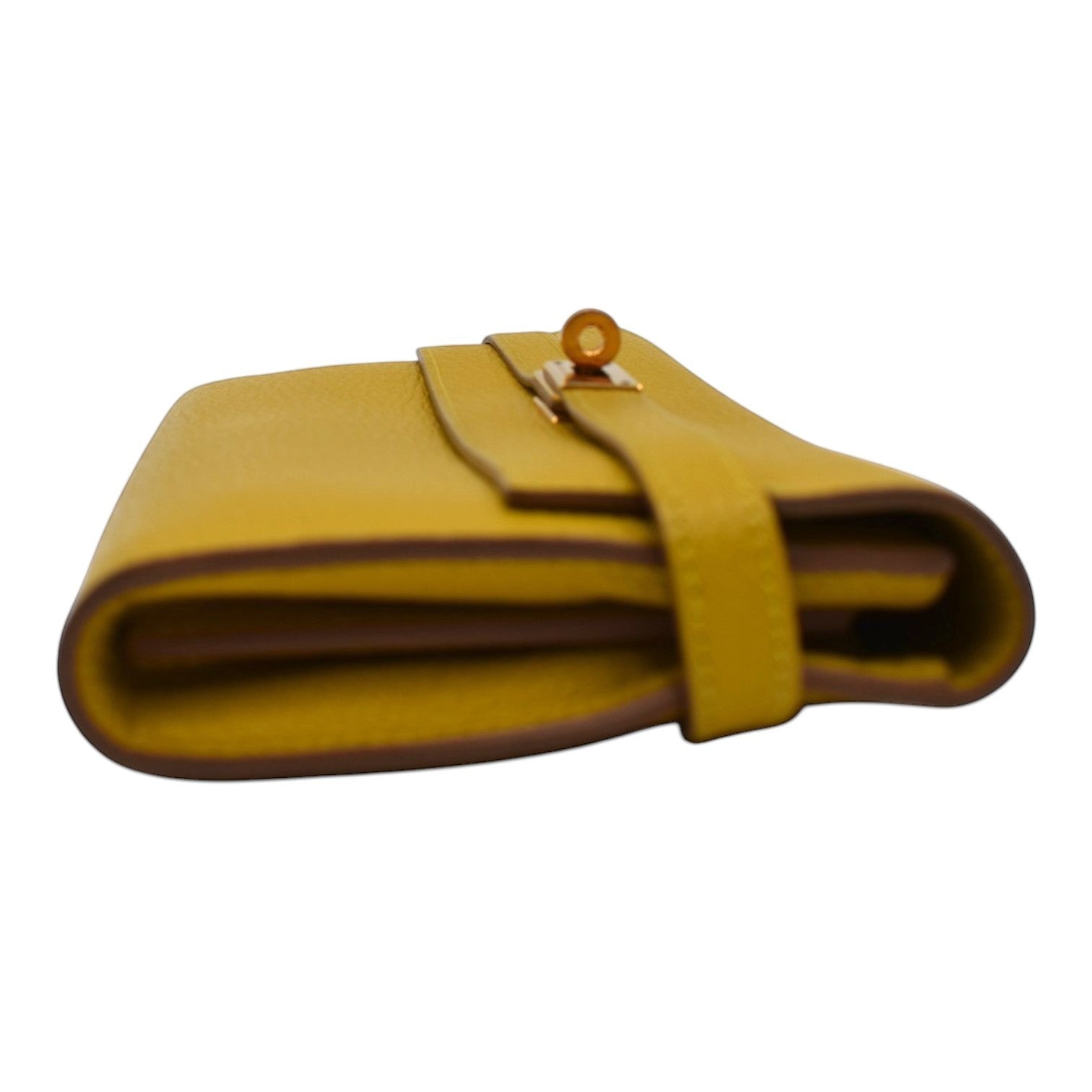 Soldi yellow leather Kelly Pochette wallet with gold hardware and turn-lock closure.