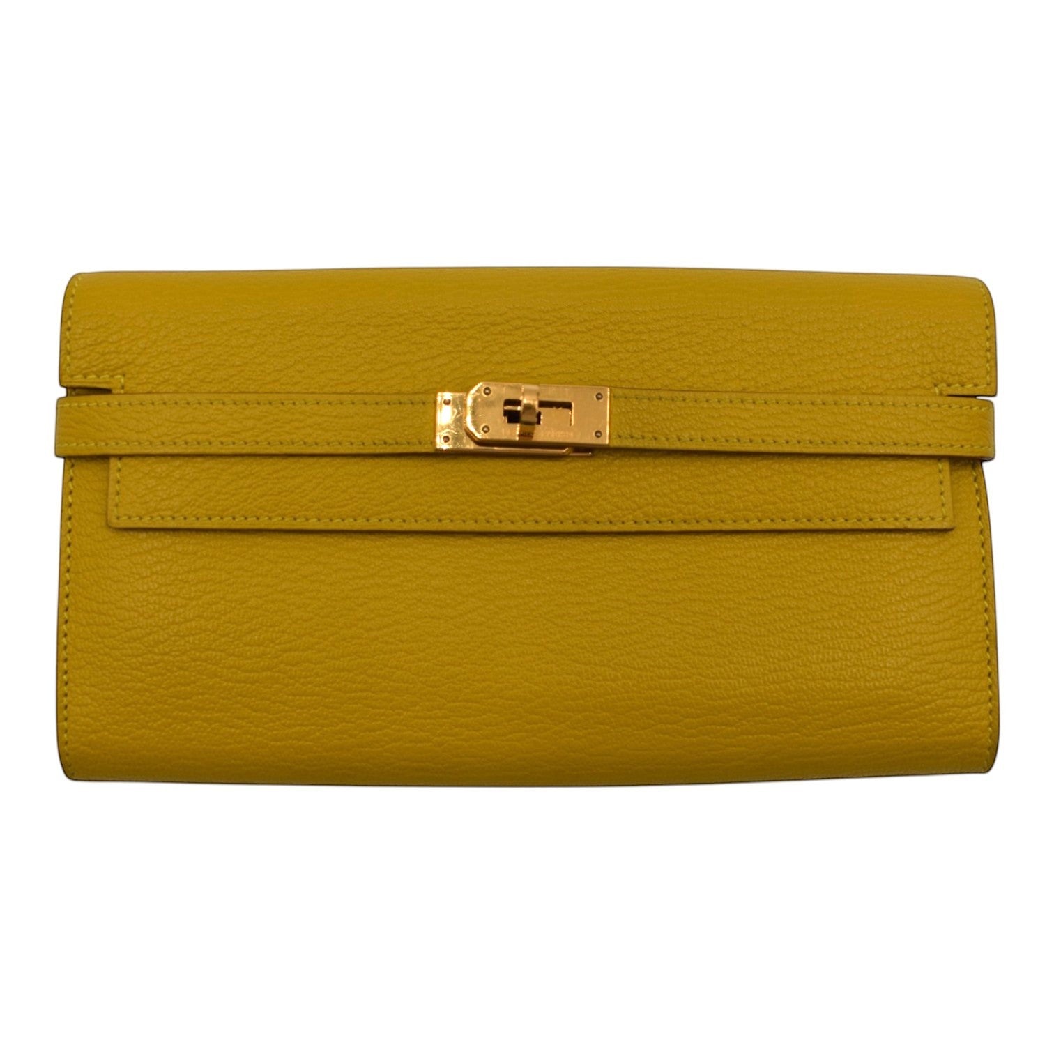 Soldi yellow pebbled leather Kelly pochette wallet with gold-tone hardware and turn-lock closure.