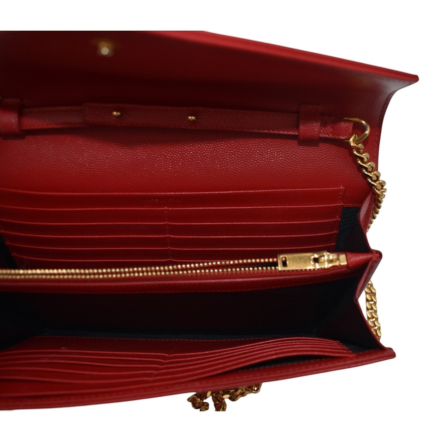Soldi YSL Cassandre Chevron Wallet on Chain in red leather with gold chain strap and zip closure.